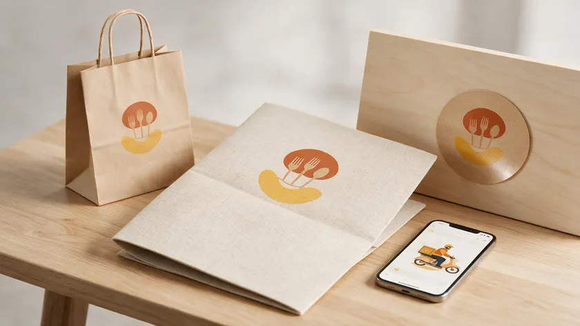 Restaurant logo mockup applied to a takeaway bag, napkin, packaging, and delivery app screen for brand testing.
