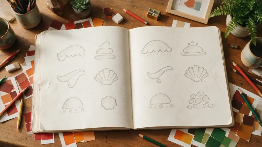Designer's sketchbook with hand-drawn restaurant logo concepts and color swatches, illustrating prep work before designing a restaurant logo.