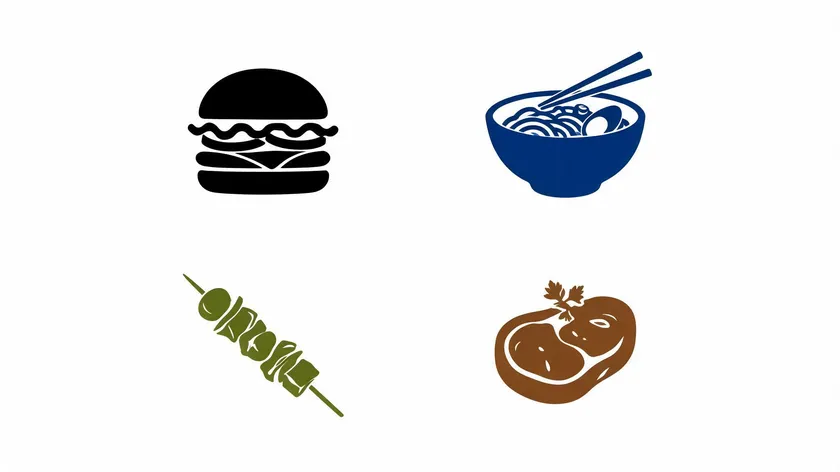 Showcase of food icon silhouettes including a burger, ramen bowl, skewer, and steak for restaurant logo design ideas.