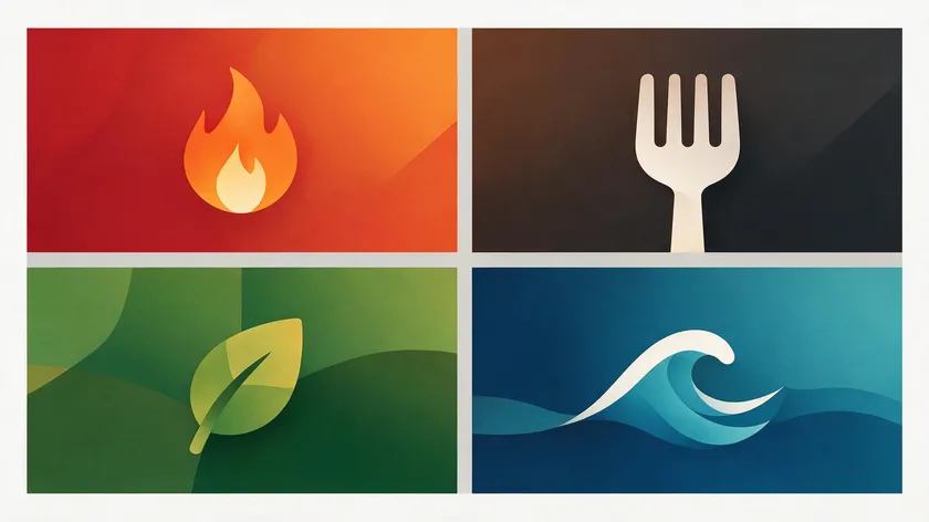 Grid of color and icon pairings for restaurant logos, including flame, fork, leaf, and wave icons on different color backgrounds.