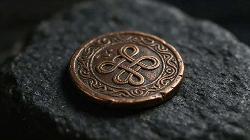 Ancient bronze coin engraved with an interlocking Celtic-style monogram knot, resting on dark stone.