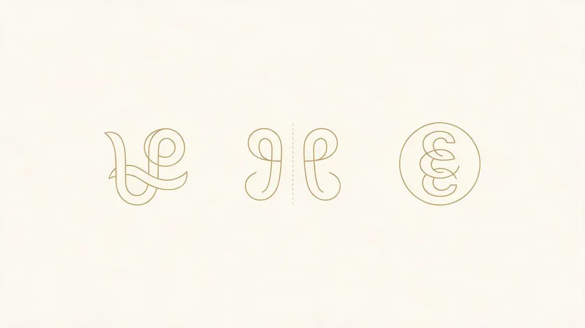 Three gold line-art diagrams showing different monogram letter structures, illustrating how monograms differ from simple lettermarks.