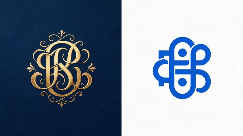 Side-by-side comparison of an ornate interlocking gold monogram and a modern blue geometric lettermark, showing the difference between the two.