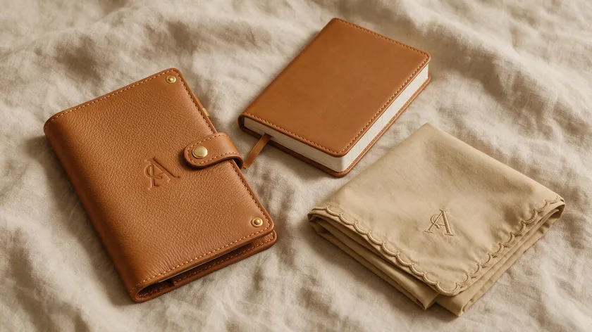 Leather notebook, journal, and folded pouch personalized with an embossed monogram initial, evoking luxury and personalization.