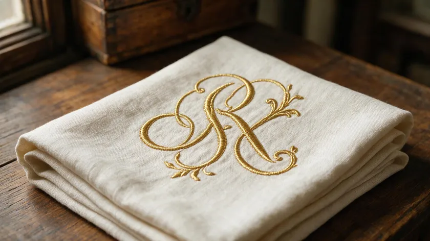 Gold embroidered monogram initial stitched onto antique cream linen, evoking royal and aristocratic monogram tradition.