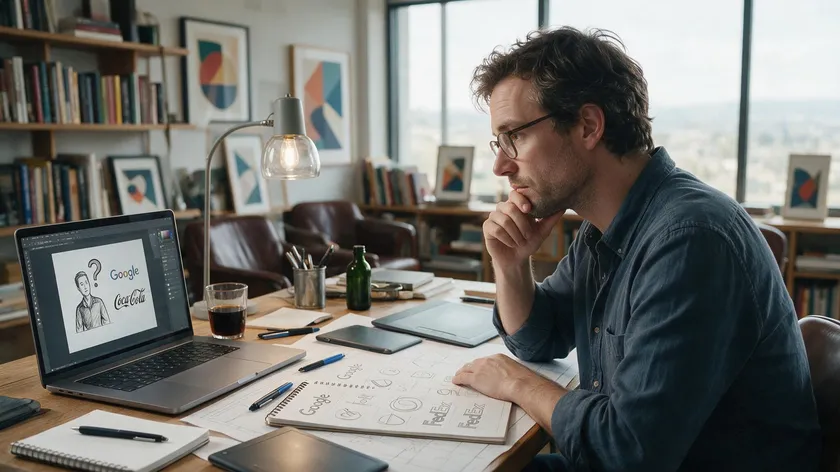 A designer sketches wordmark logo concepts for Google, Coca-Cola, and FedEx while reviewing digital versions on his laptop.