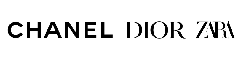 Wordmark logo examples in fashion: Chanel, Dior, and Zara