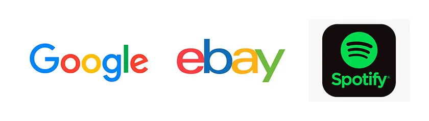 Wordmark logo examples in tech: Google, eBay, and Spotify
