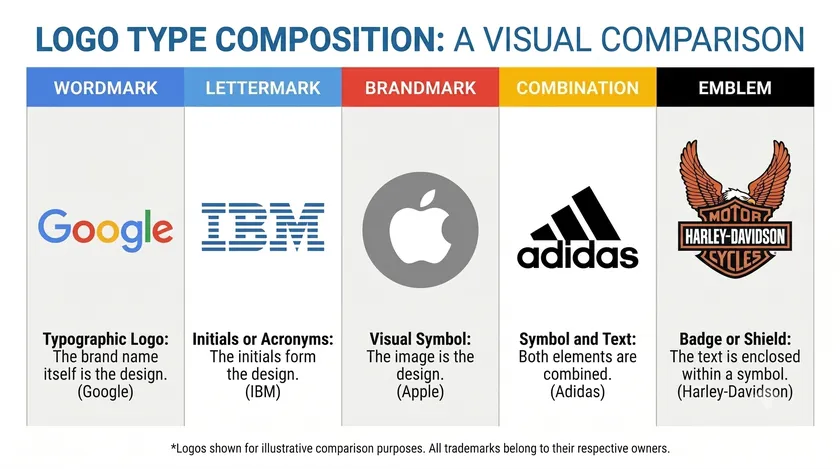 Comparison of five logo types: wordmark, lettermark, brandmark, combination mark, and emblem logo examples