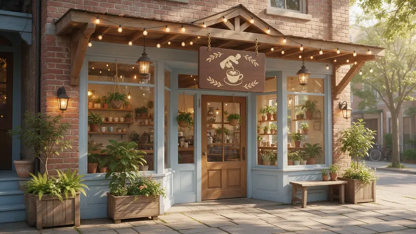 Cozy café storefront with a warm serif-style sign reflecting an approachable serif logo.