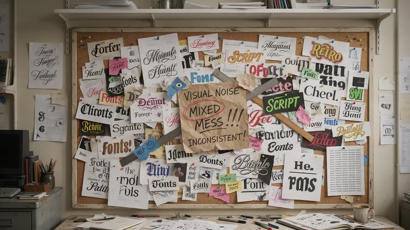 A cluttered mood board covered in mismatched font samples, illustrating the visual noise caused by using too many typefaces.