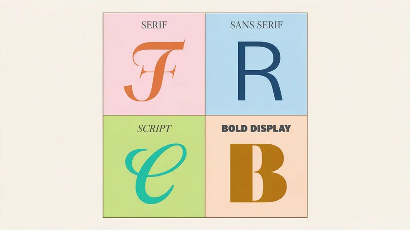 A four-quadrant chart illustrating the four main font categories for branding: serif, sans serif, script, and bold display.