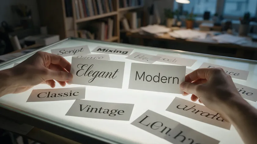 A designer's hands arranging printed word cards labeled "Elegant" and "Modern" on a light table while testing a font pairing.
