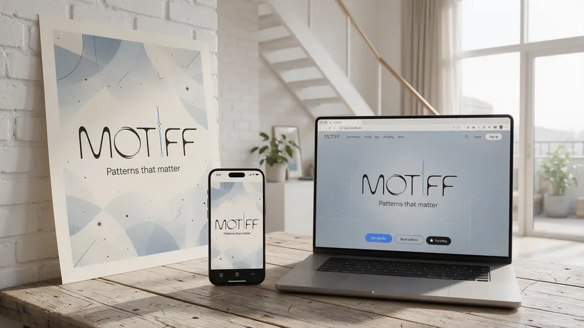 The same brand wordmark displayed consistently across a poster, a phone screen, and a laptop browser window.