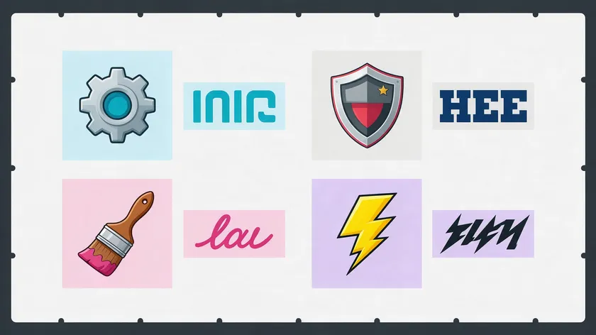 Eight icon-and-type pairings showing how different logo styles express brand personality traits like trust, speed, and creativity.
