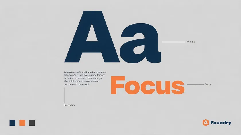 A brand style guide showing a primary logo font, a secondary body font, and an accent font labeled for a sample brand system.