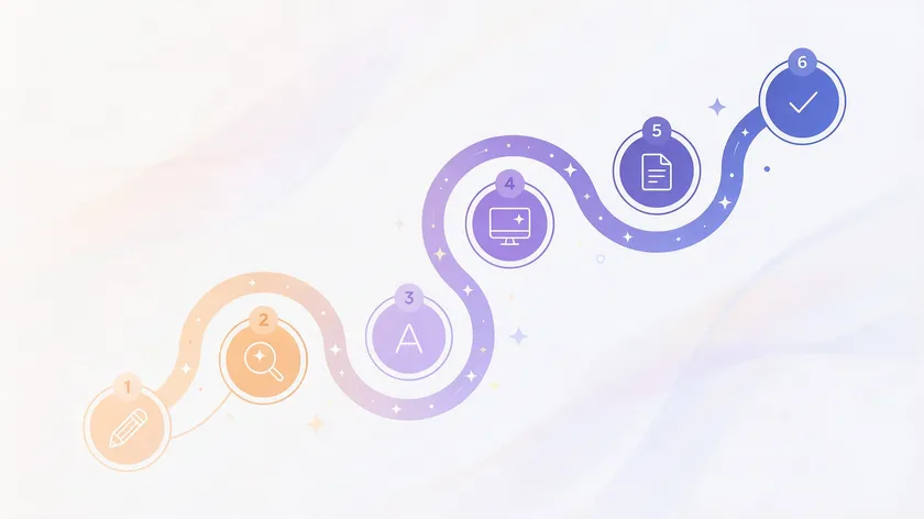 A six-step numbered path illustration representing the process of choosing the best fonts for branding.