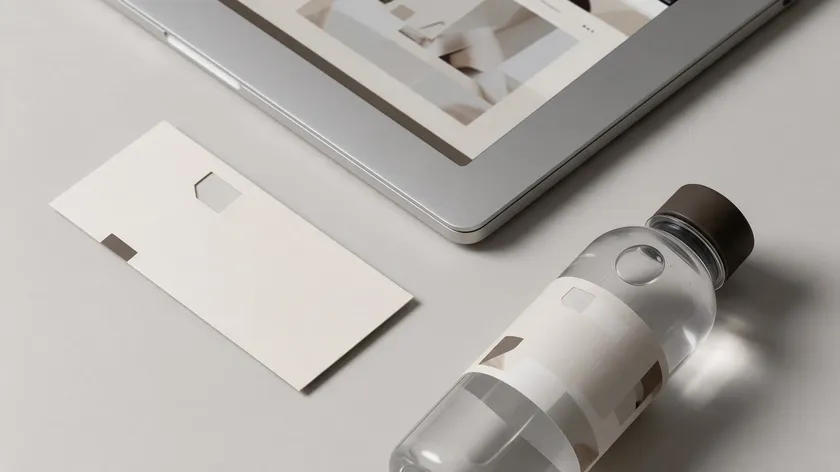 A consistent brand system mockup across a business card, website, and product label