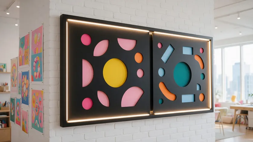 A creative agency studio wall with a bold oversized display-style sign and poster mockups