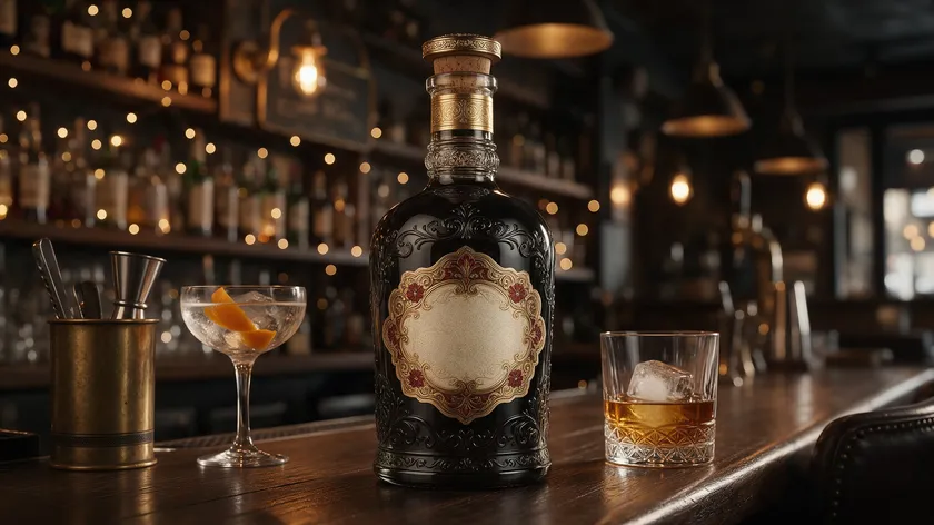 Craft spirits bottle with an ornate label illustrating an expressive display serif logo.