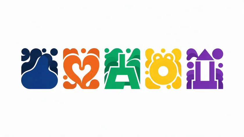 Five abstract letterform shapes each paired with a color swatch representing a different brand personality trait