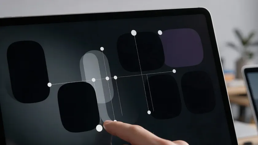 Close-up of a designer adjusting letter spacing between abstract letterform shapes