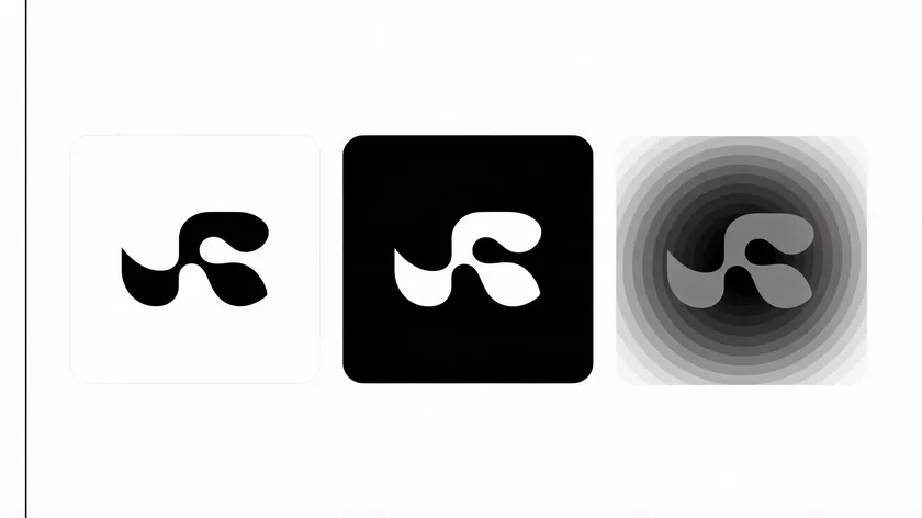 An abstract wordmark shown in black on white, white on black, and grayscale for contrast testing