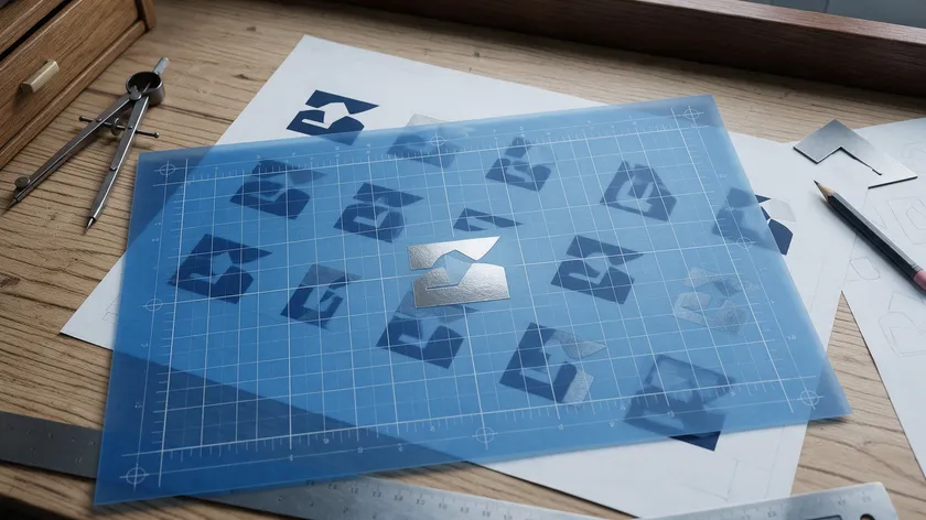 A baseline grid and ruler overlaid on a logo proof sheet on a designer's desk