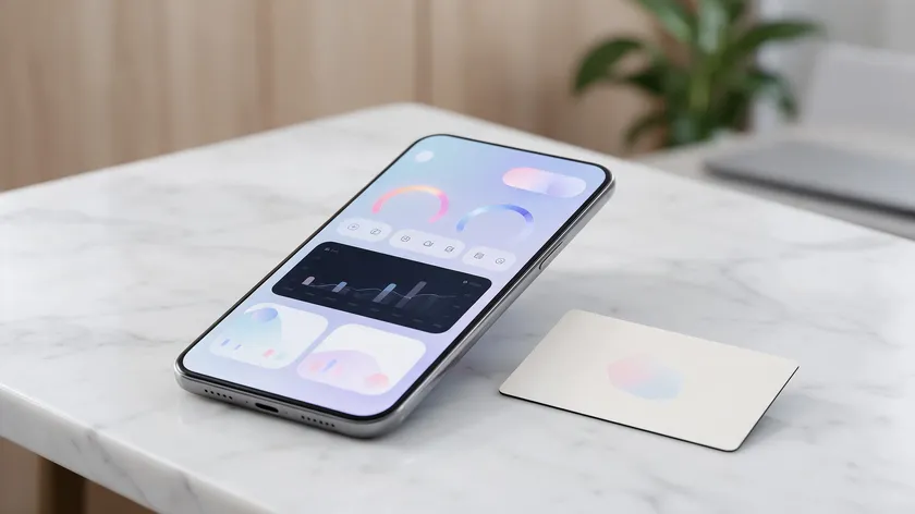 Sleek fintech app mockup representing a modern serif logo style.