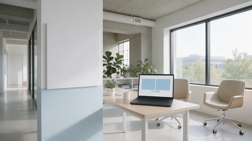 A modern tech office with clean minimalist sans serif signage and an app interface on screen