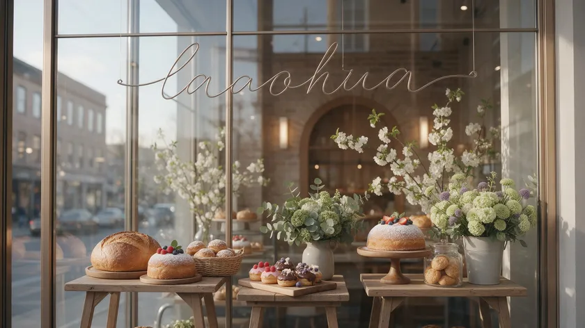 A boutique bakery storefront window with elegant flowing script-style signage