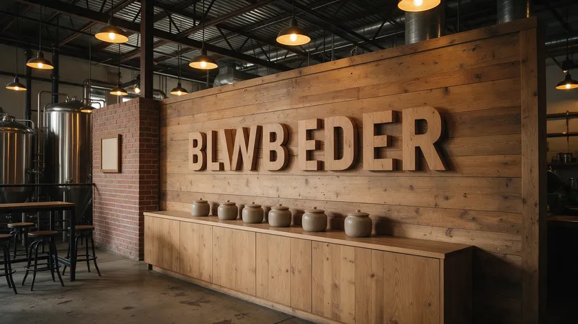 A craft brewery interior with bold blocky slab serif signage on a wooden wall
