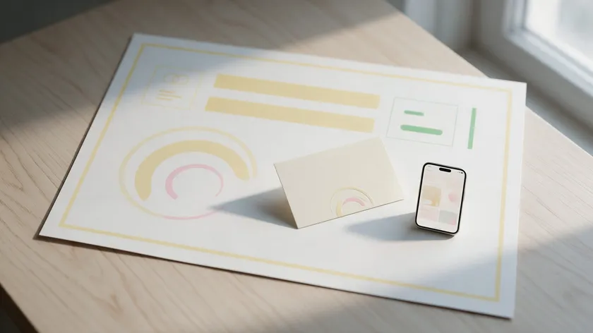 A printed brand test sheet and business card being reviewed alongside a smartphone mockup
