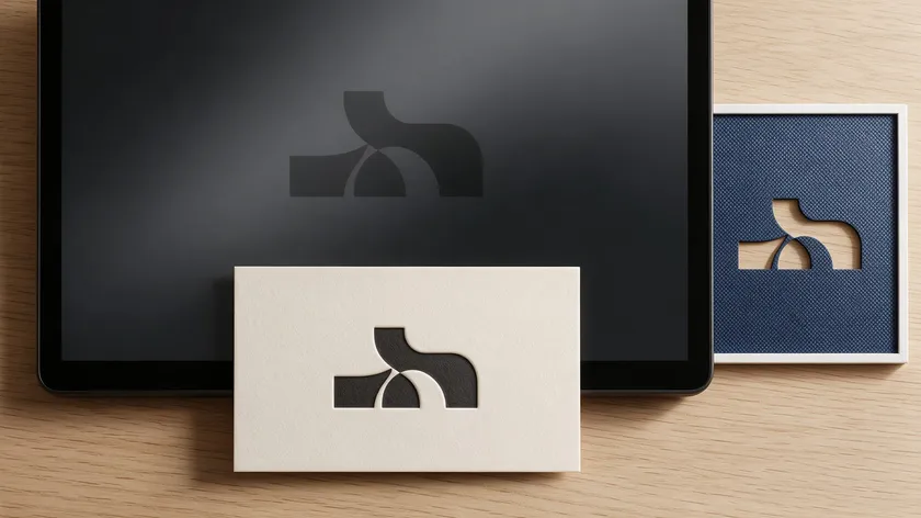 Typography logo mockups applied to a business card, laptop screen, and storefront sign