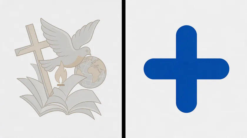 Before and after of church logo ideas: a cluttered mark with many symbols next to a simpler single-symbol mark.