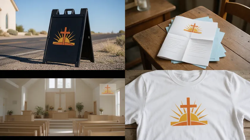 Church logo ideas applied to a roadside sign, Sunday bulletin, livestream screen, and T-shirt in matching colors.