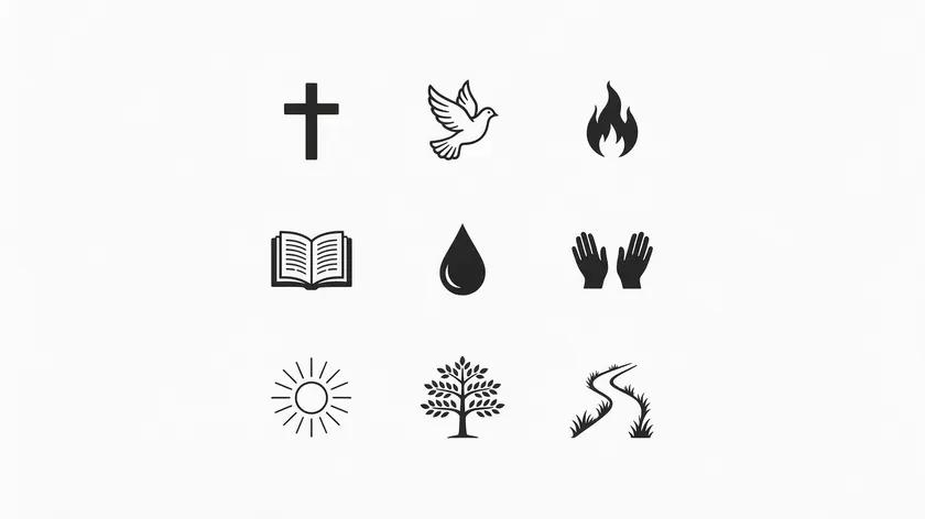 Grid of nine black icons showing church logo ideas based on a cross, dove, flame, open book, water drop, hands, light, tree, and path.