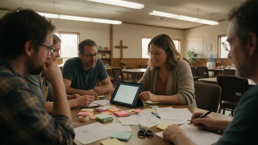Volunteers brainstorming church logo ideas around a table with sticky notes, sketches, and a tablet in a fellowship hall.
