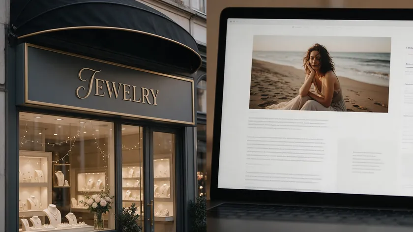 Split image comparing a boutique jewelry shopfront in an ornate serif typeface with a blog website set in a clean sans-serif, showing two anchor font approaches
