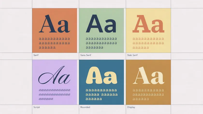Comparison grid of labeled typography swatches showing several heading and body font pairing combinations side by side