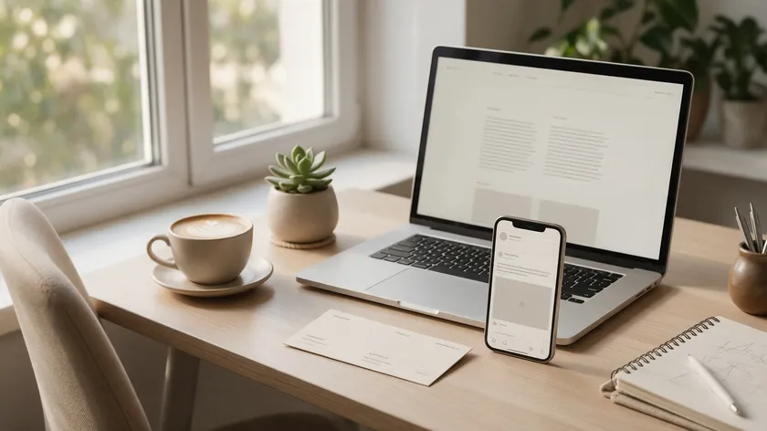 Desk setup with a laptop, business card, and phone all displaying the same font pairing across a website, print, and social media post