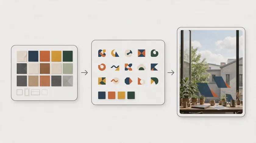 Three-step process for photography logo ideas: a swatch moodboard, a grid of generated logo options, and the chosen mark as a watermark on a photo.