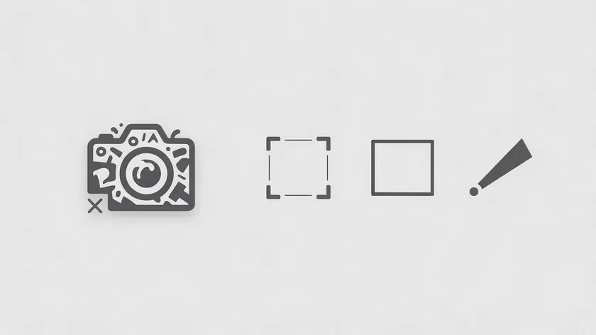 Cluttered camera icon marked with an X beside three subtler photography logo ideas: focus brackets, a thin frame, and a light beam.
