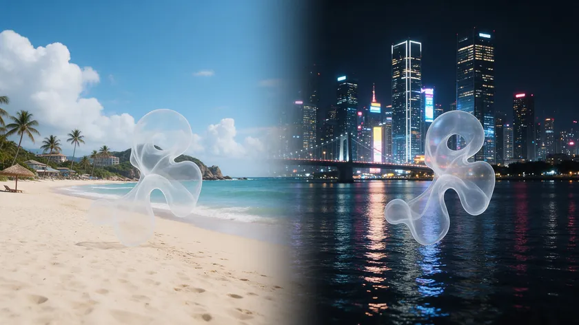 Same translucent mark over a bright beach photo and a dark night city photo, testing photography logo ideas on light and dark images.