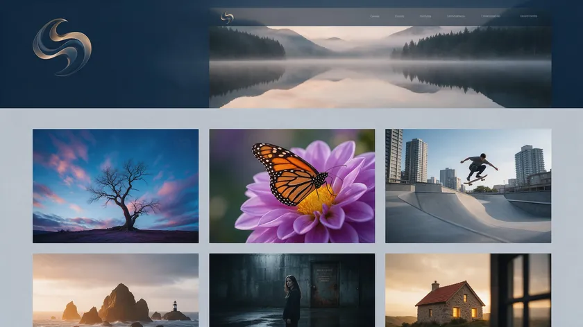 Photographer website mockup showing photography logo ideas in use: a full logo, a small navbar icon, and a faint watermark on a gallery image.