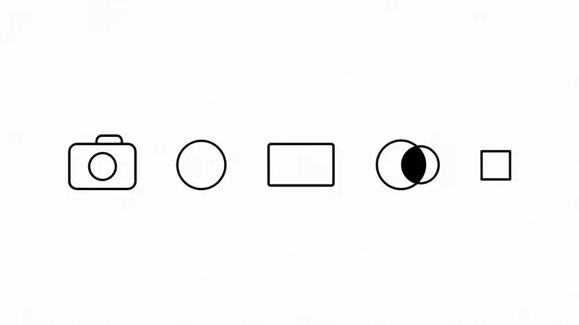 Five minimalist photography logo ideas in black outlines: a camera, a circle, a rectangle frame, an overlapping lens, and a small square.