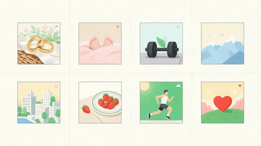 Grid of eight niche photos, from wedding rings to a runner, each with a tiny corner mark that illustrates photography logo ideas by niche.