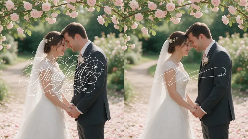 Wedding photo shown twice to compare photography logo ideas: an ornate flourish signature that is hard to read and a clean single-stroke signature.