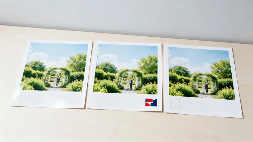 Three prints of the same garden wedding photo, each with a different small watermark, comparing photography logo ideas for legibility.