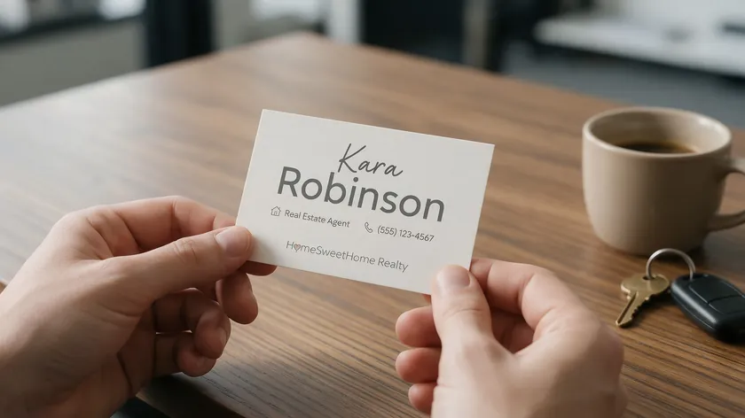 Agent holding a business card with a script first name above a bold surname, a personal real estate logo idea.